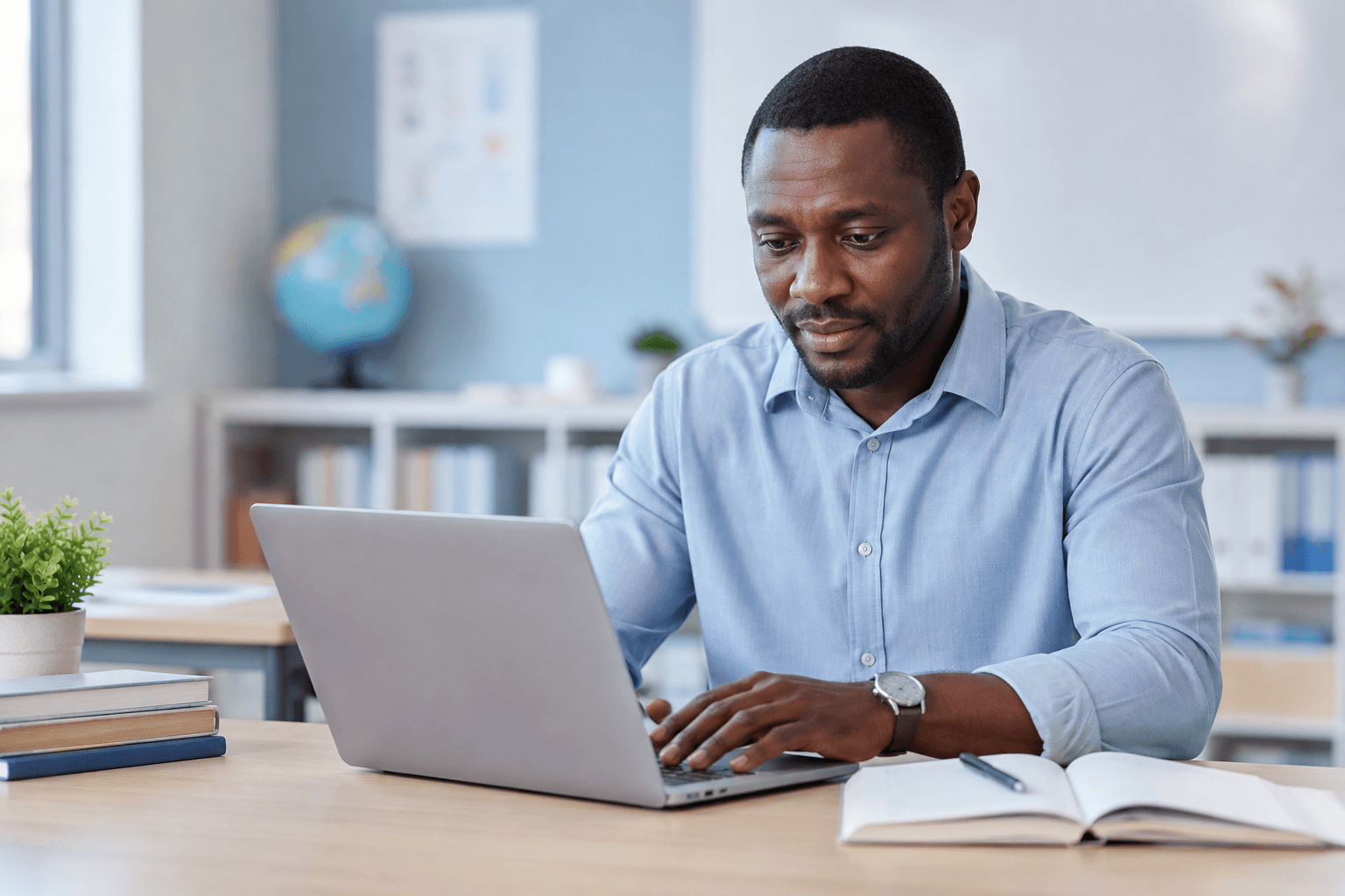 Black African teacher reviewing school records